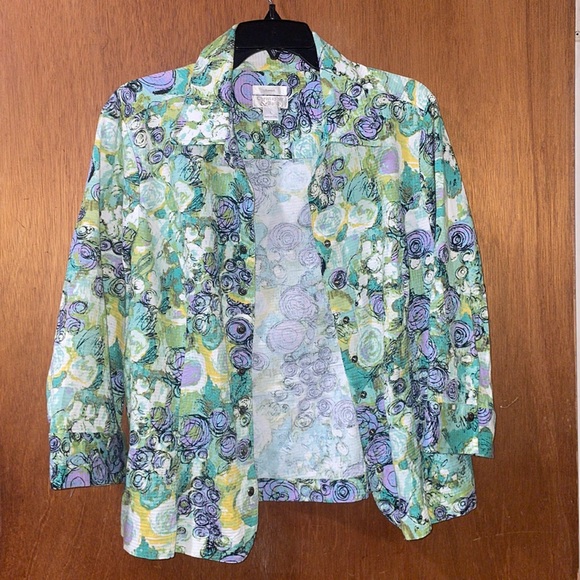 •CHRISTOPHER&BANKS•BLUE & GREEN SCALLOPED HEM 3/4 SLEEVE BUTTON UP BLAZER LARGE - Picture 6 of 7